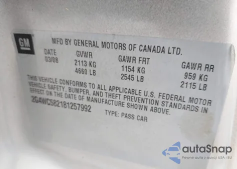 2008 Buick Lacrosse Cx from USA, damaged, VIN 2G4WC582181257992